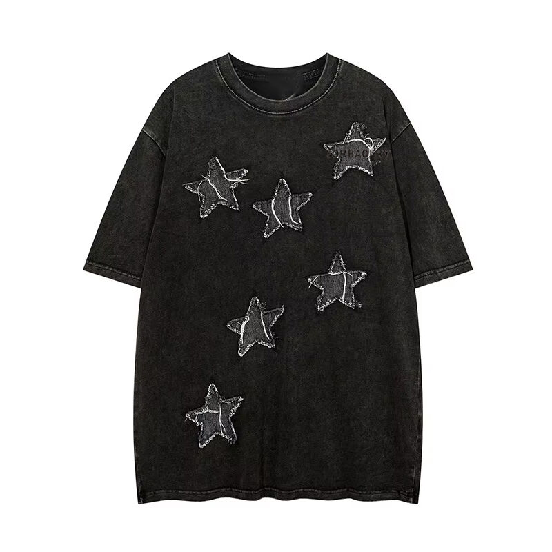 कस्टम उच्च गुणवत्ता वाले स्ट्रीटवियर क्रू गर्दन टी-शर्ट एप्लीकेशन पैच कढ़ाई एसिड धोया विंटेज टी-शर्ट