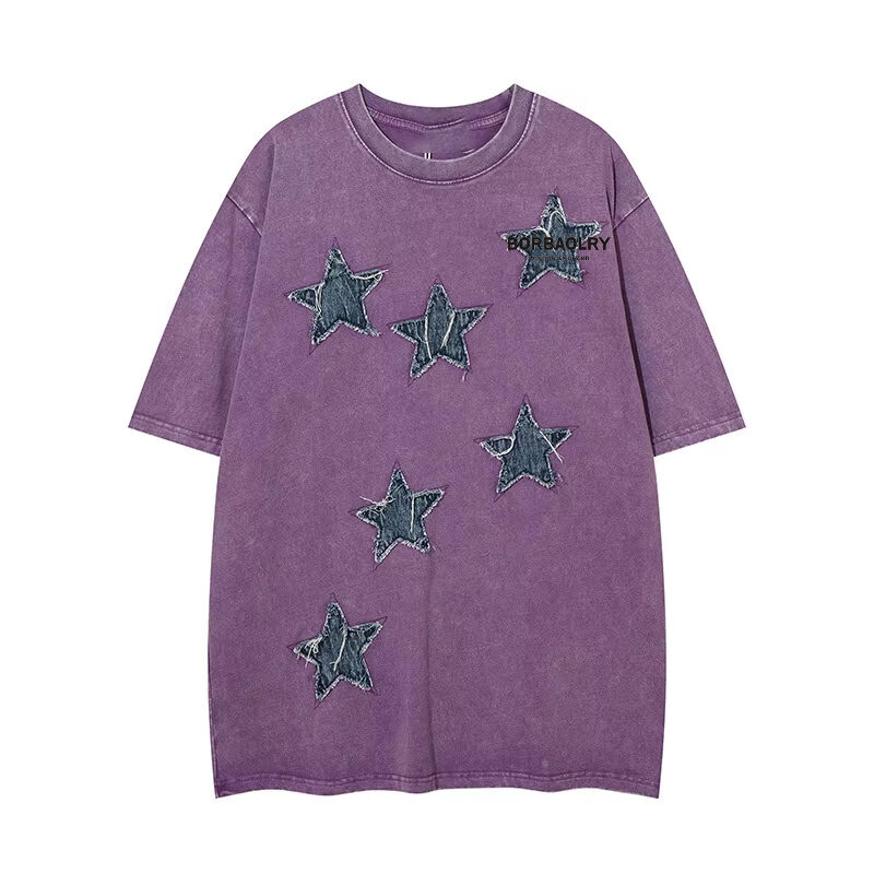 कस्टम उच्च गुणवत्ता वाले स्ट्रीटवियर क्रू गर्दन टी-शर्ट एप्लीकेशन पैच कढ़ाई एसिड धोया विंटेज टी-शर्ट