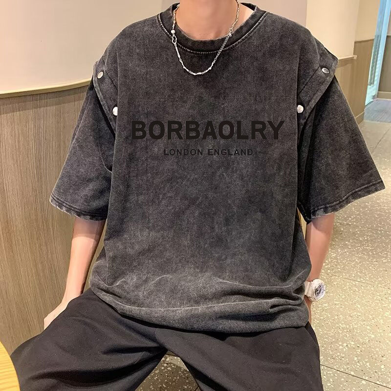 पुरुषों के लिए विंटेज डिटैचेबल शॉर्ट स्लीव टी-शर्ट ढीली हेवी कॉटन एसिड वॉश टी-शर्ट टॉप समर ट्रेंड ब्रांड टी-शर्ट