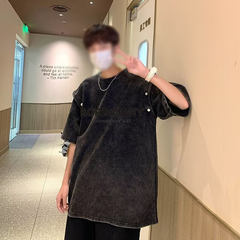 पुरुषों के लिए विंटेज डिटैचेबल शॉर्ट स्लीव टी-शर्ट ढीली हेवी कॉटन एसिड वॉश टी-शर्ट टॉप समर ट्रेंड ब्रांड टी-शर्ट