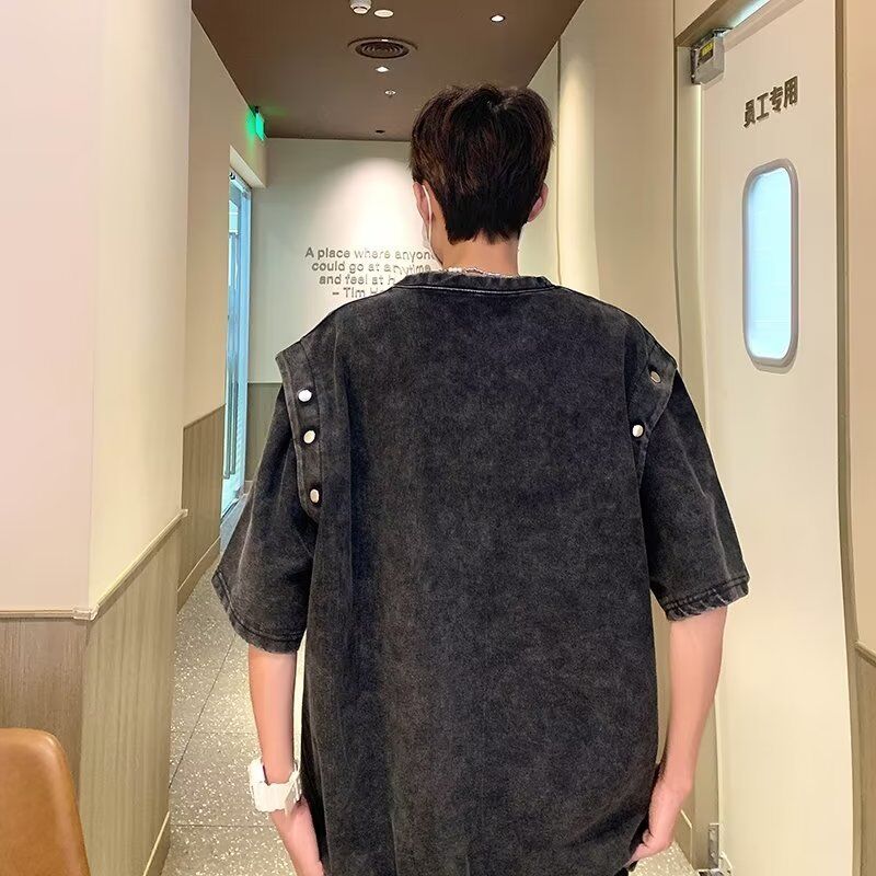 पुरुषों के लिए विंटेज डिटैचेबल शॉर्ट स्लीव टी-शर्ट ढीली हेवी कॉटन एसिड वॉश टी-शर्ट टॉप समर ट्रेंड ब्रांड टी-शर्ट