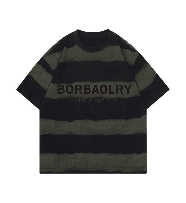 थोक 220g टी-शर्ट कपास फैशन आकस्मिक ढीला धारीदार शीर्ष टाई-डाय शिल्प गिरा हुआ कंधे दौर गर्दन छोटी आस्तीन