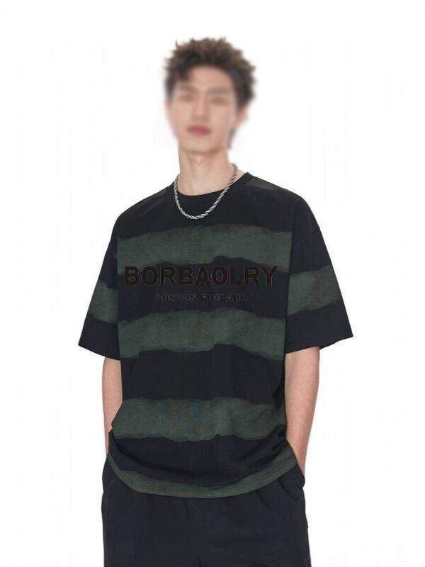 थोक 220g टी-शर्ट कपास फैशन आकस्मिक ढीला धारीदार शीर्ष टाई-डाय शिल्प गिरा हुआ कंधे दौर गर्दन छोटी आस्तीन