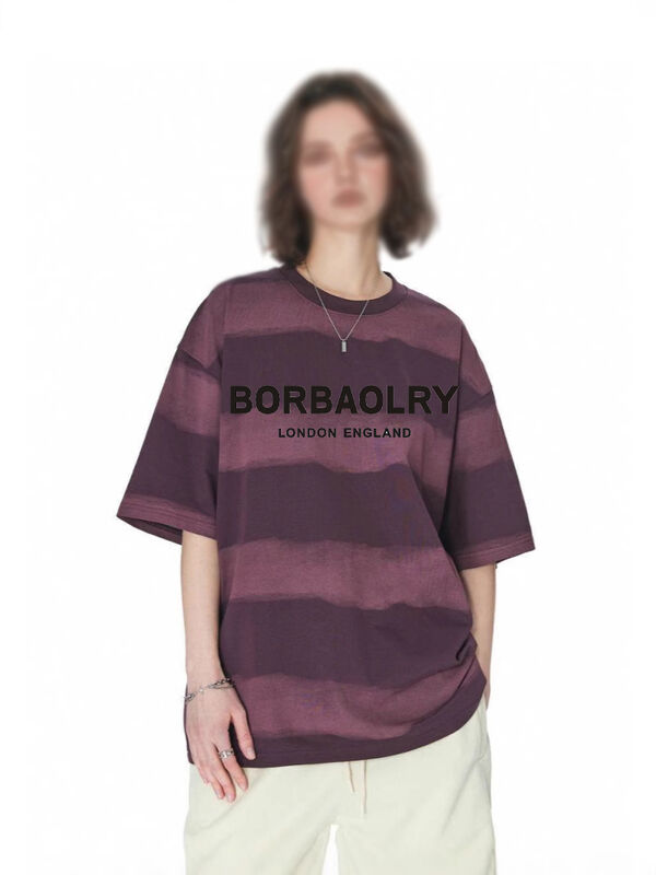 थोक 220g टी-शर्ट कपास फैशन आकस्मिक ढीला धारीदार शीर्ष टाई-डाय शिल्प गिरा हुआ कंधे दौर गर्दन छोटी आस्तीन