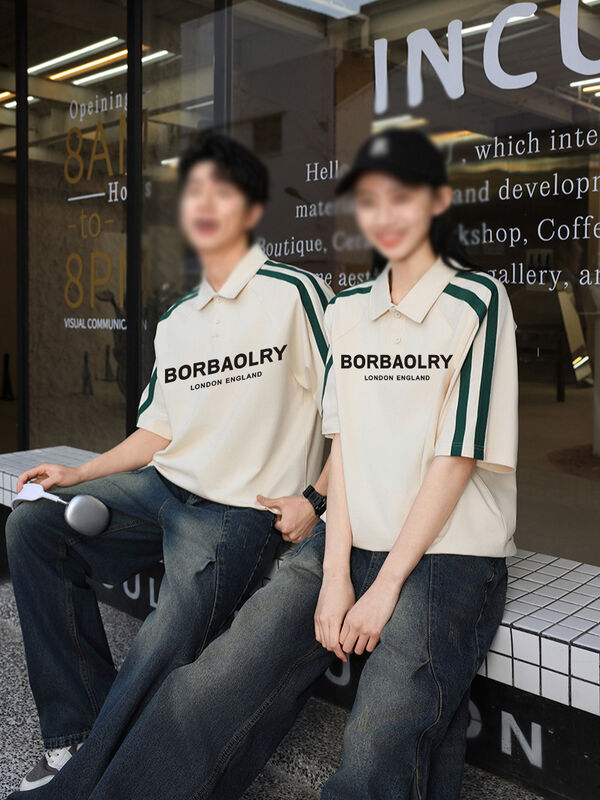 पोलो शर्ट के लिए गर्मियों के पुरुषों की छोटी आस्तीन अमेरिकी हाई स्ट्रीट शैली कॉलर आधा आस्तीन टी-शर्ट स्टाइलिश बुना हुआ पत्र